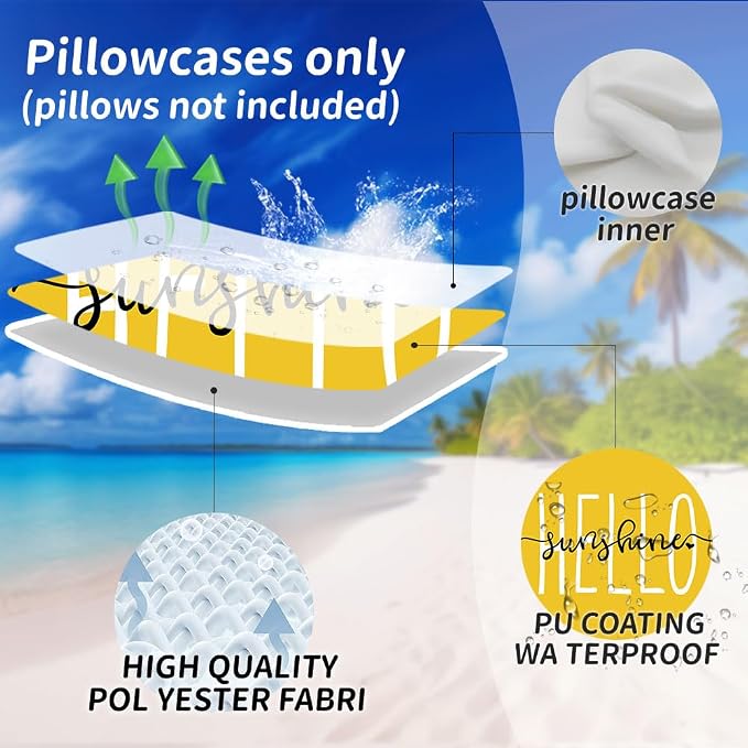 DFXSZ Yellow Outdoor Waterproof Pillow Covers 16x16 Set of 2 | Hello Sunshine Decor Spring Summer Polyester Pillow Covers(NO INSERTS)| Decor for Patio Funiture Garden Sofa Couch
