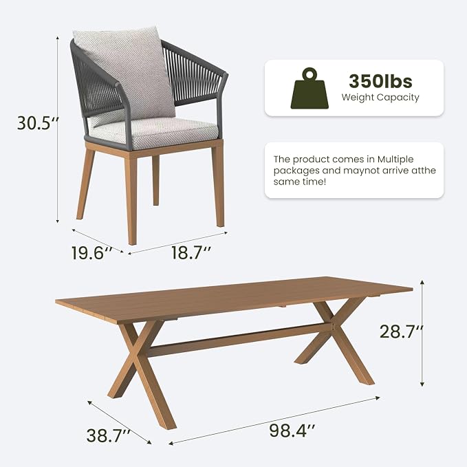 LayinSun 9 Piece Outdoor Dining Table Set, Aluminum Modern Rectangular Dining Table and All-Weather Wicker Chairs Set for Patio Deck Indoor Decor Kitchen