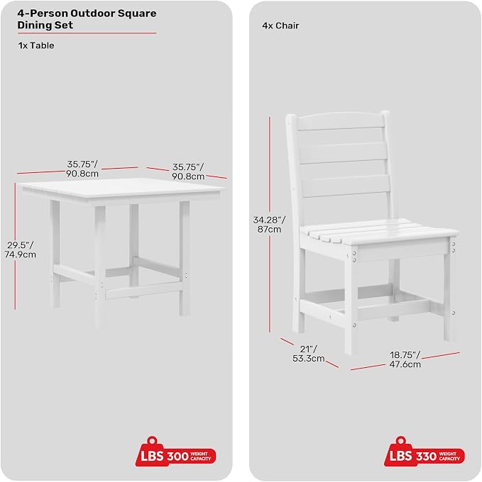 Costaelm Palms 5-Piece HDPE Outdoor Square Patio Dining Table Set with Armless Side Chairs, White