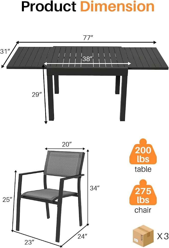 9 Pieces Outdoor Dining Set, Never-Rust Aluminum Extendable Dining Table Set, 38"-77" Expandable Dining Table and Stackable Patio Dining Chairs, Patio Dining Set for Porch, Yard, Deck, Black