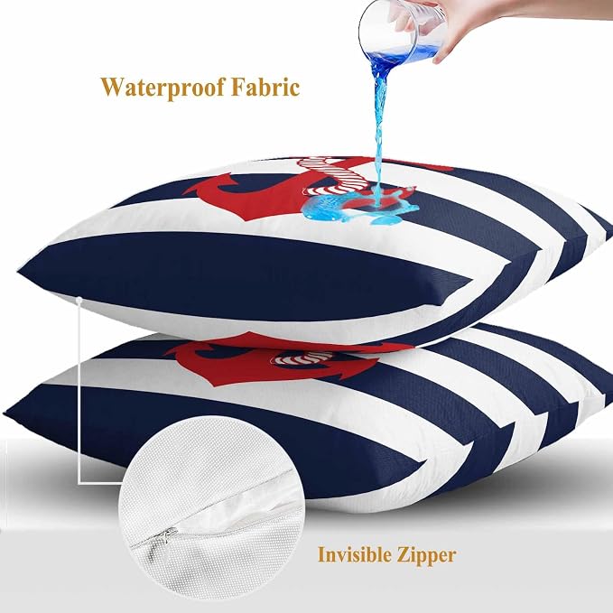 Nautical Anchor Outdoor Waterproof Throw Pillow Covers Set of 2, 18"x18", Coastal Navy Blue Stripe Decorative Pillow Covers Outside Cushion Case for Patio Porch Garden