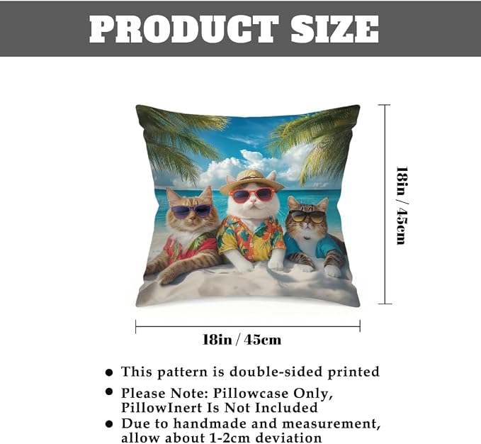 18x18 Inch Outdoor Pillow Covers Set of 2 Waterproof Throw Pillow Covers Decorative Couch Cushion Covers Beach Cats with Sunglasses Square Pillowcases Protectors for Patio Garden Sofa