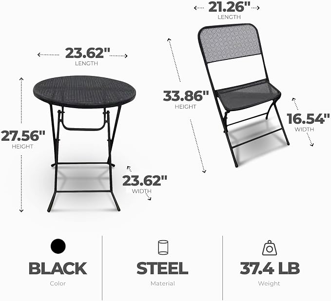 Four Seasons Courtyard Padova 3 Piece Bistro Outdoor Backyard Dining Set with 2 Folding Chairs and Round Table Furniture for Patios or Decks, Black