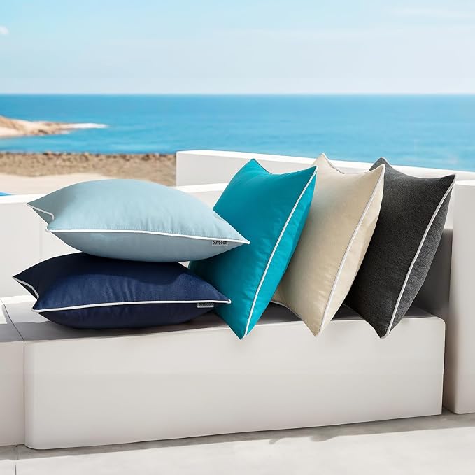 MIULEE Outdoor Waterproof Pillow Covers 20x20 Blue Pack of 2 | Decorative Farmhouse Throw Pillow Covers with Piping,Square Solid Color,Patio Furniture,Summer Couch Tent Sofa Living Room