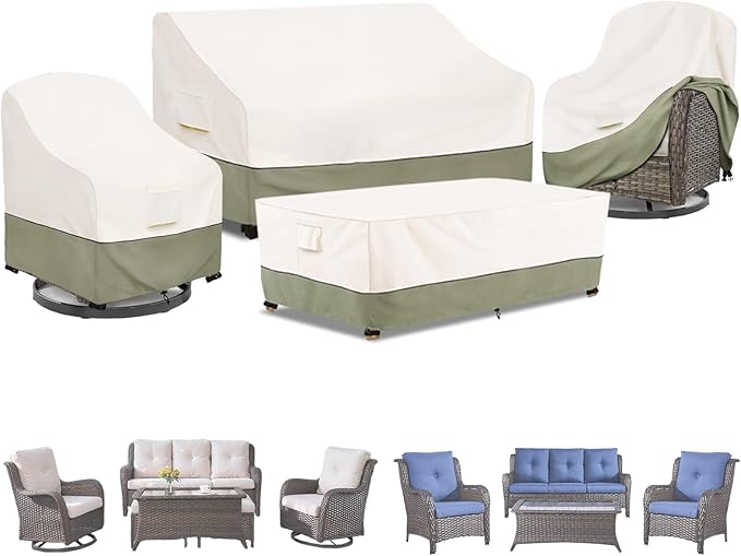 Bitubi Outdoor Waterproof Patio Furniture Covers 4-Piece Set for Swivel Rocker Chairs, Patio 3-Seater Sofa 76in, Coffee Table 48in, Heavy Duty 600D Tough Canvas, Beige