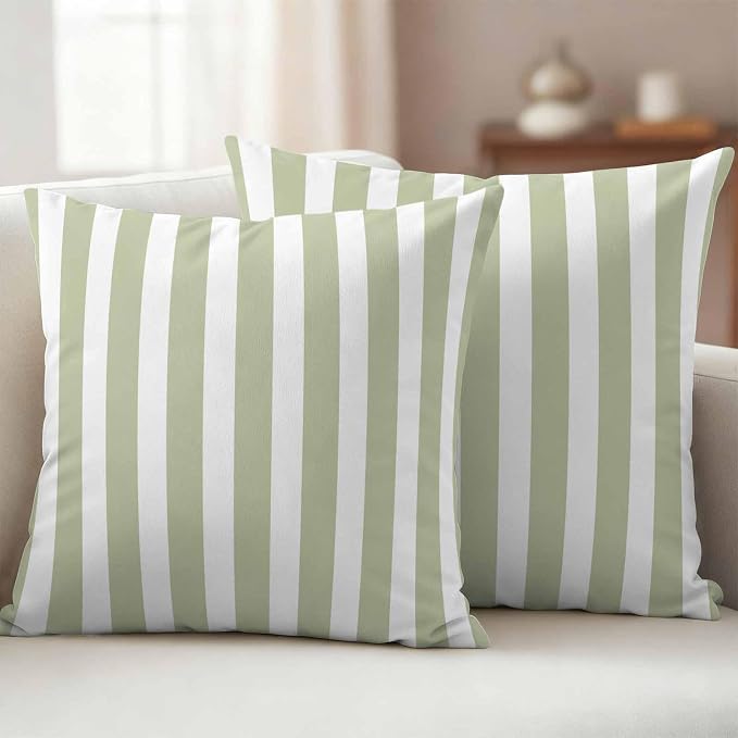 Sage Green Striped Outdoor Waterproof Throw Pillow Covers 26x26 Set of 2, Modern Farmhouse Sage Green White Stripes Decorative Pillowcases Cushion Pillowcase for Couch Sofa Patio Pillow Protector