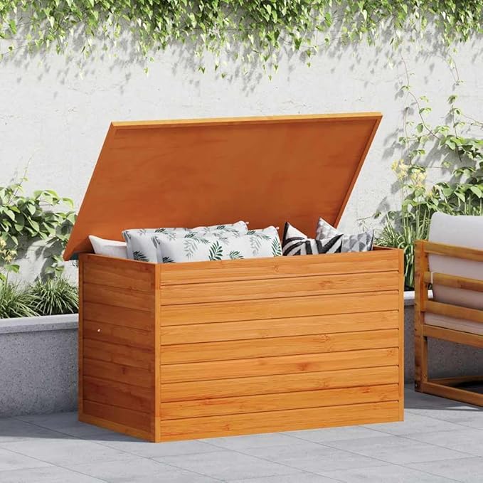 Outdoor Storage Box 49.6 inch Wood Deck Chest with Waterproof Roof for Patio Garden Cushion Blanket Organizer Brown