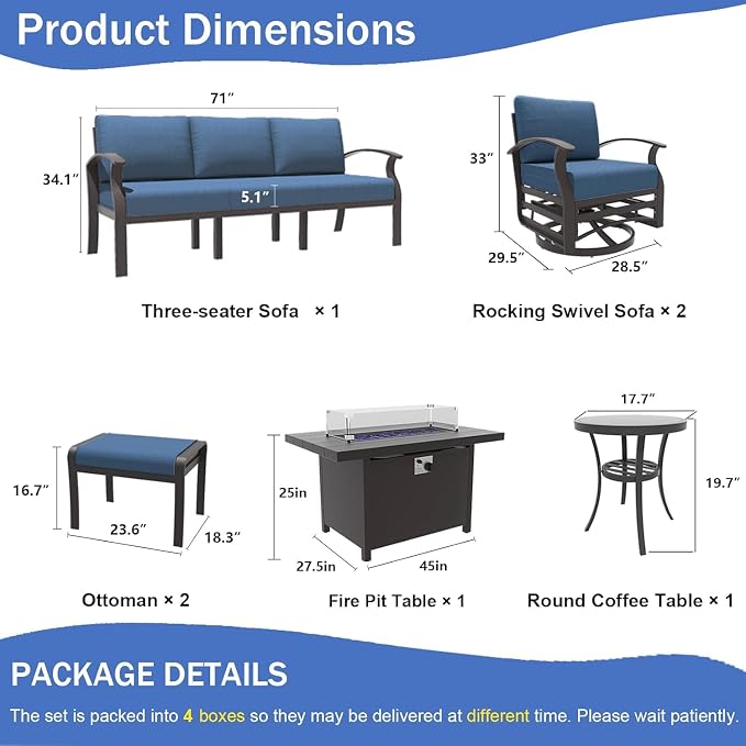 Kullavik Aluminum Patio Furniture Set,7 Piece Modern Metal Outdoor Patio Furniture w/5.1'' Thick Cushion,Swivel Chairs,Ottomans and Propane Fire Pit Table,Patio Conversation Sets for Porch,NavyBlue