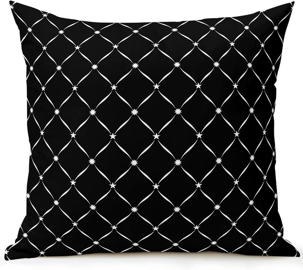 Waterproof Outdoor Pillow 1 Pack Black Grid Plaid Decorative Throw Pillows Cover & Insert 18x18 Inch Pillowcase Diagonally Crossed Lines Pillows for Couch Sofa Bed Patio Furniture Indoor Outdoor