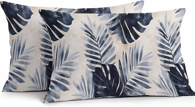 Pack of 2 Waterproof Outdoor Pillow Covers 20x12 Inch Decorative Pillow Covers Navy Blue Palm Leaves Throw Pillowcases Tropical Botanical Retro Outdoor Cushion Cover for Couch, Patio, Tent
