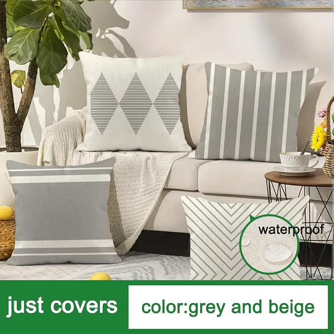 Outdoor Pillows Covers 20x20 Waterproof,Grey and Beige Set of 4(No Insert) | for Covered Patio Furniture Couch Sunbrella,No Insert Just Covers,Fit 20x20 inch Inserts or Smaller,Durable Polyester,Boho