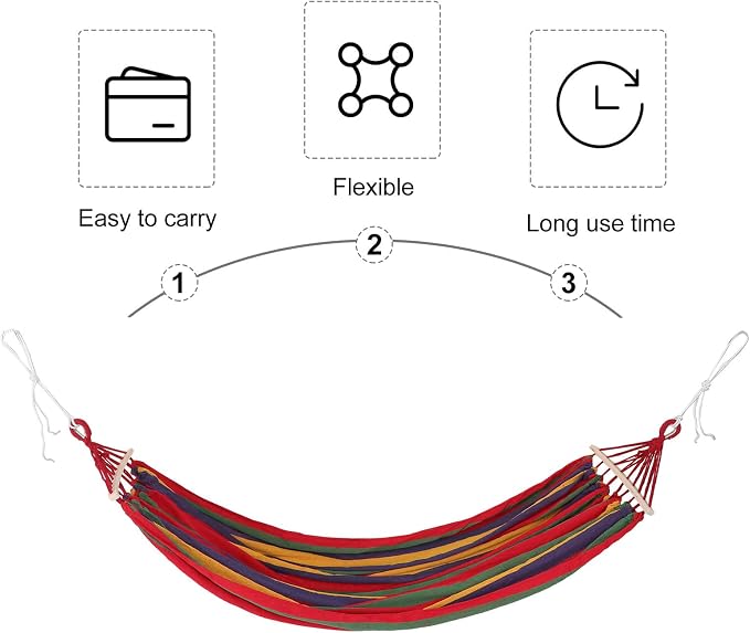 Happyyami Double Camping Hammock with Anti-Tip Duckbill Buckle, Wide Striped Canvas Outdoor Garden Hammock for Travel and Backyard, 150Kg Load Capacity, Sturdy Patio Hanging Bed