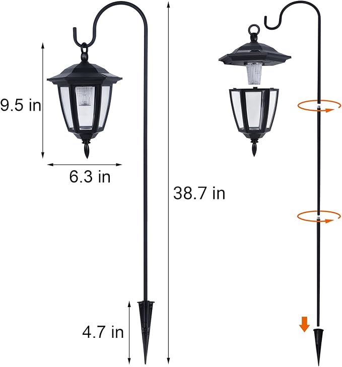 Dynaming 6 Pack Solar Hanging Lights Outdoor, Solar Powered Garden Decorative Lanterns with 6 x 38 Inch Shepherd Hooks, Waterproof Landscape Lighting for Lawn Patio Yard Pathway Driveway, Warm White