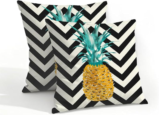 18x18 Inch Outdoor Pillow Covers Set of 2 Waterproof Throw Pillow Covers Decorative Couch Cushion Covers Pineapple On Stripes Square Pillowcases Protectors for Patio Garden Sofa