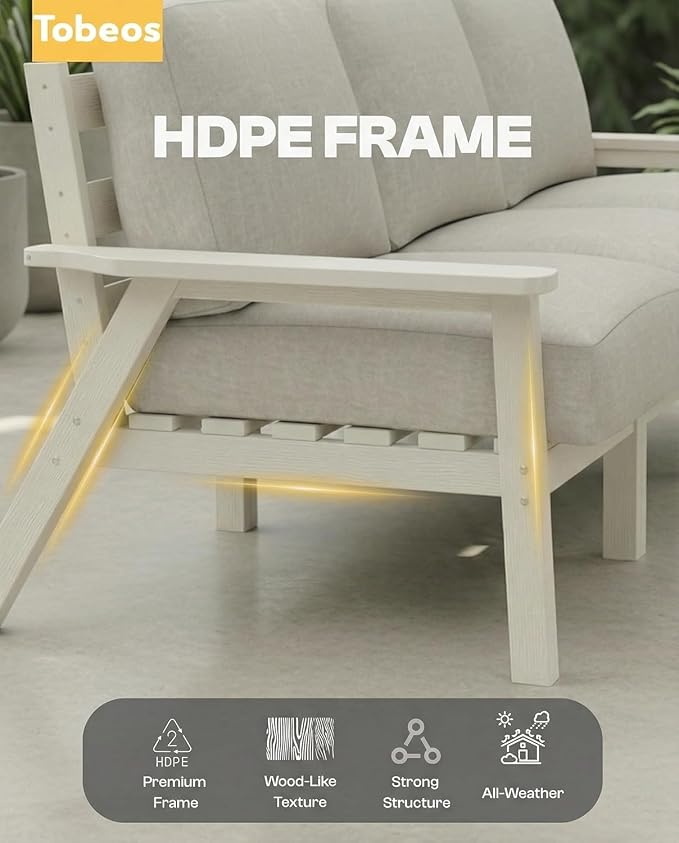 HDPE Patio Furniture Set 10 Seats, Outdoor Couch with Washable Thick Beige Cushions & Coffee Table & Side Table, Outdoor Sectional Furniture for Backyard, Deck, Lawn, Porch (White Frame)