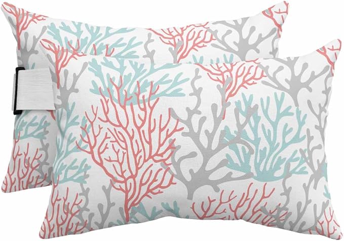 Geometric Coral Outdoor Beach Chair Pillow Headrest for Chaise Lounge Chair, Recliner Head Pillow Waterproof Pillowcases with Elastic Band & Inserts 11x16(2 PCS) Ocean Red Teal Grey White Watercolor