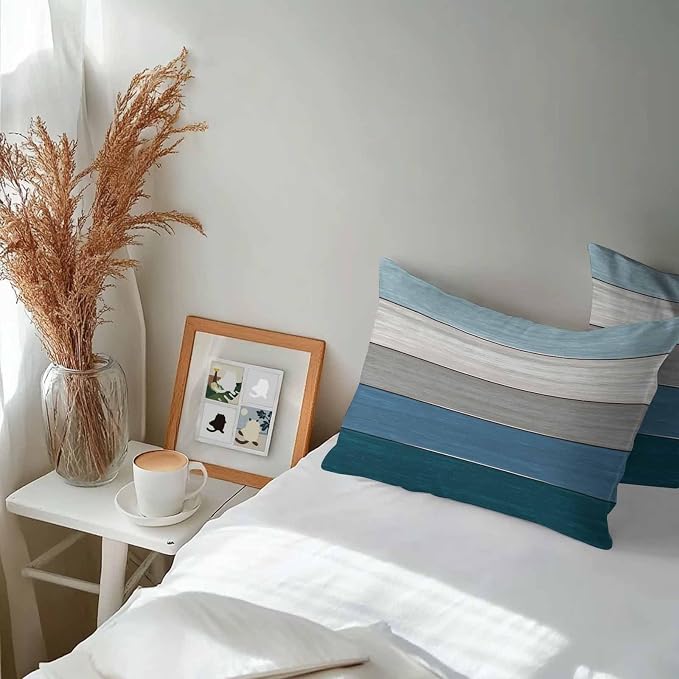 Outdoor Throw Pillow Covers 12X20 Set of 2 Waterproof Ombre Blue Gray Decorative Zippered Cushion Covers for Patio Furniture, Farmhouse Retro Rustic Barn Wood Texture Lumbar Pillowcases Ocean Hues