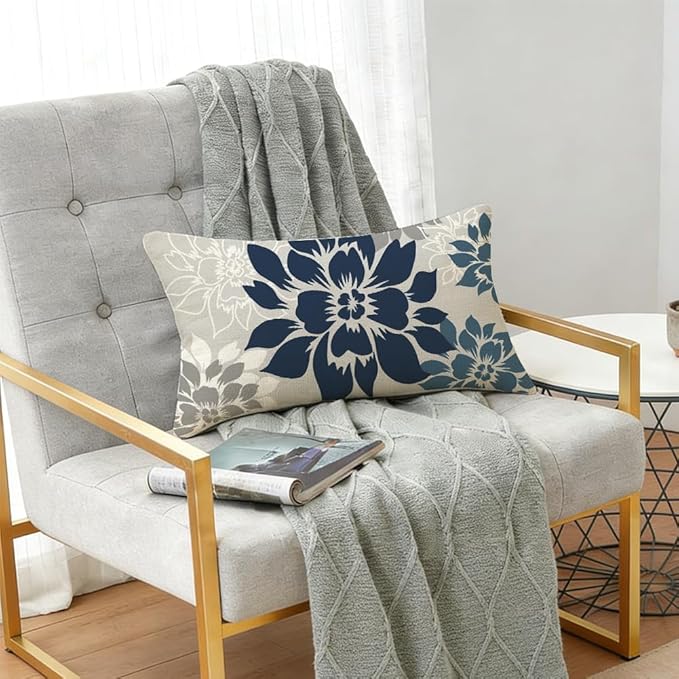 Waterproof Dark Blue Dahlia Floral Outdoor Pillow Covers 12x20 Inch, Decorative Spring Summer Cushion Cases for Living Room Sofa Patio Garden Porch