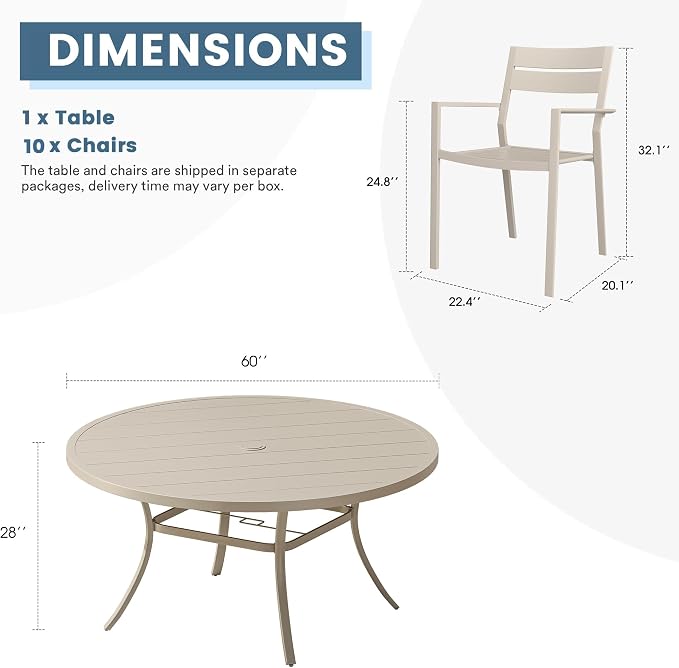 DIFY 11 Piece Outdoor Patio Dining Set for 10, Patio Table and Chairs Set with Umbrella Hole, 60" Round Dining Table and Stackable Metal Chairs for Backyard Garden Poolside, Sandshell