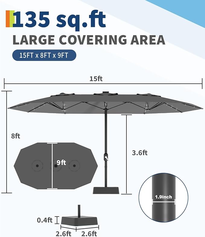 15FT Large Patio Umbrella with Base and Solar Lights, Double-Sided Rectangle Umbrella Oversized Shade for 8-10 People,36 LED Lights and Weighted Base for Pool, Deck, Backyard,Grey