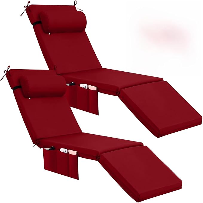 RattanView 2 Pcs Outdoor Chaise Lounge Cushion with Pillow and Side Pockets Waterproof Lounge Chair Cushions for Outdoor Furniture Patio Lounger Pad for Outside Pool Lawn (Brick Red,72 x 21 x 4)
