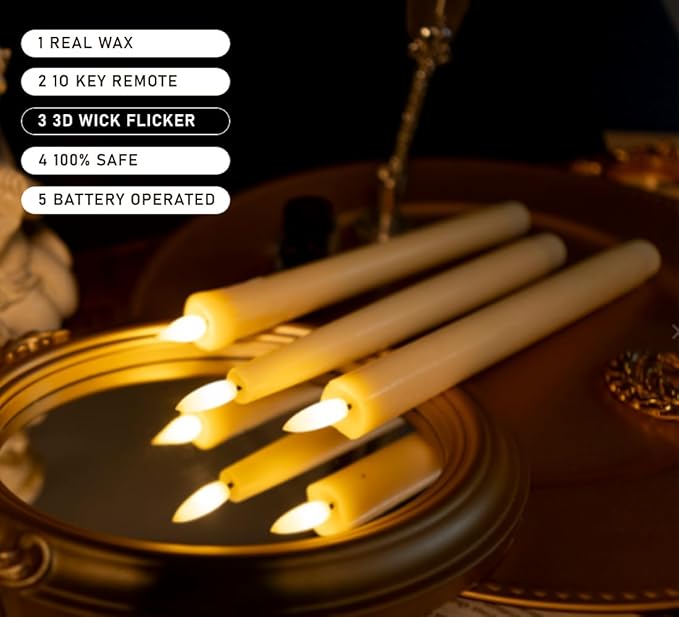 Upgraded Real Wax LED Flameless Taper Candles with Remote, KSWING 6 PCS White Candlesticks Battery Operated 3D Flickering - 9.6" Long Realistic Fake Candle Sticks for Home/Wedding/Fireplace Xmas Decor