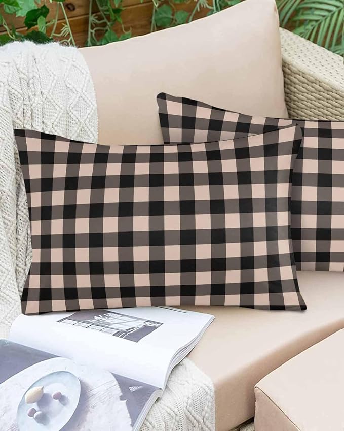 Outdoor Waterproof Throw Pillow Covers Set of 2 Beige Buffalo Plaid Lumbar Pillowcases 20x12 Inches Pastoral Black Checked Decorative Pillows Cushion Case Patio Pillows for Couch Bed Chair Garden