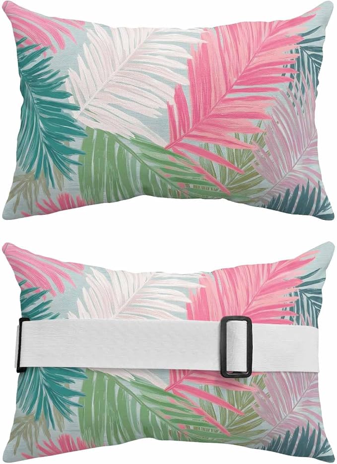 Outdoor Pillow for Chaise Lounge Chair Summer Botanical Palm Leaves Headrest Pillow with Adjustable Elastic Strap Set of 2,12x20 inch, Colorful Tropical Fronds Foliage Head Pillows for Patio Pool
