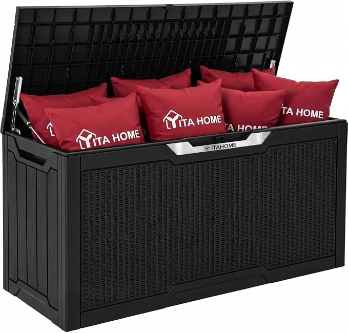 YITAHOME 80 Gallon Outdoor Storage Box, Large Water Resistant Resin Deck Box w/Silver Decorative PVC Trim Panel, Lockable Rattan Storage Container for Patio, Garden, Cushions, Tools (Black & Silver)