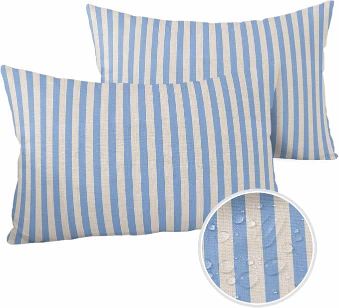 Outdoor Waterproof Throw Pillow Covers Set of 2 Blue Stripes Lumbar Pillowcases 20x12 Inches Linen Classic Vertical Striped Patio Decorative Pillows Cushion Case Patio Pillows for Couch Bed Garden