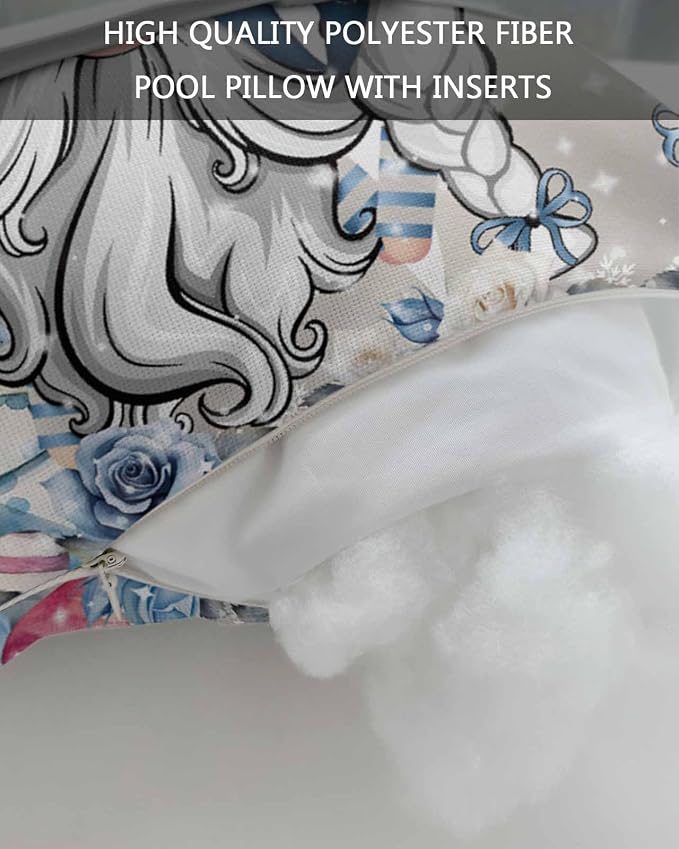 Chaise Lounge Head Resting Pillows,Valentine's Day Romantic Gnome Couple Blue Roses Flower Plant Outdoor Chaise Pillows,Patio Furniture Pillows with Insert and Elastic Strap for Beach Chair