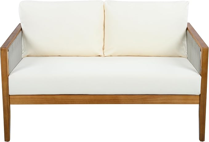 Christopher Knight Home Lalulu Outdoor Loveseat Sofa and Coffee Table Set, Acacia Wood Patio Furniture Set with Cushion, Solid Wood Outdoor Conversation Set, Teak+Beige