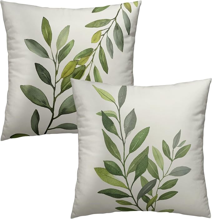 Sage Plants Leaves Pillow Covers Set of 2, 16x16 Inch Rustic Green Grey Leaf Cotton Throw Pillowcases for Couch Sofa Bed Porch Patio Cabin Cottage Home Decor