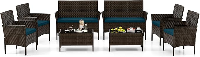 4 Piece Patio Furniture Set, Sectional Conversation Sofa Set with Glass Coffee Table, Cushions & Loveseat, Wicker Outdoor Table and Chairs for Pool, Garden, Deck, Backyard (2, Peacock Blue)