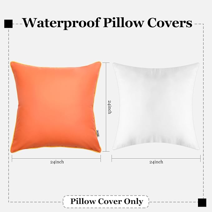 Set of 2 Leather Waterproof Pillow Covers Fade and UV Resistant Silicone Leather Square Cushion Cases Durability Pillowcases for Garden Patio Porch Couch, Orange, 24x24 Inch