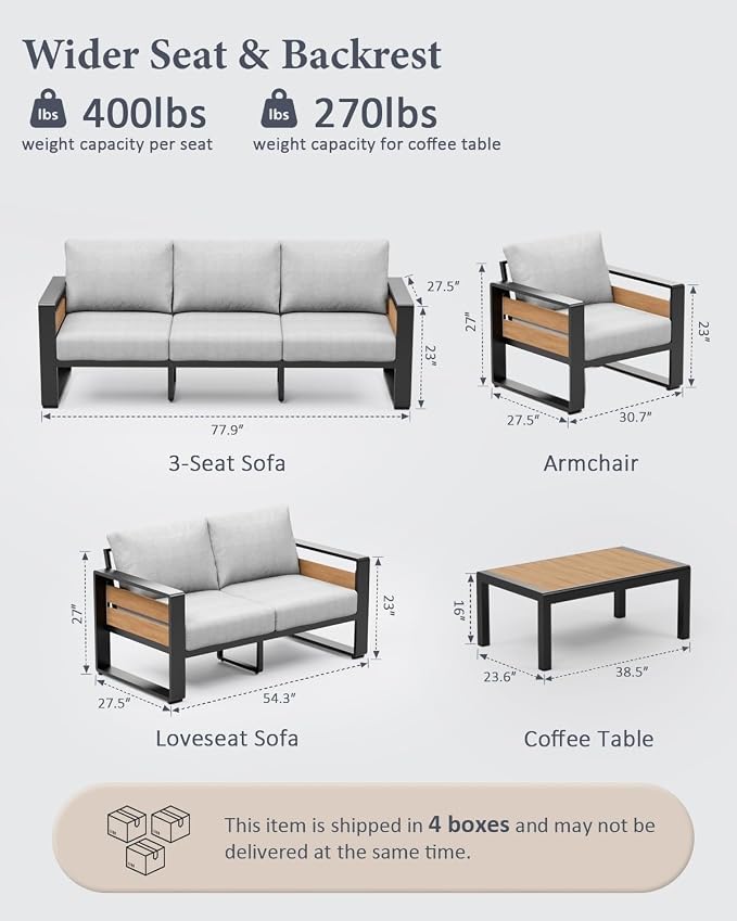 5-Piece Outdoor Patio Furniture Set with Modern Metal Sectional Sofa, Washable Thick Cushions and Coffee Table for Garden Backyard Porch(Gray)