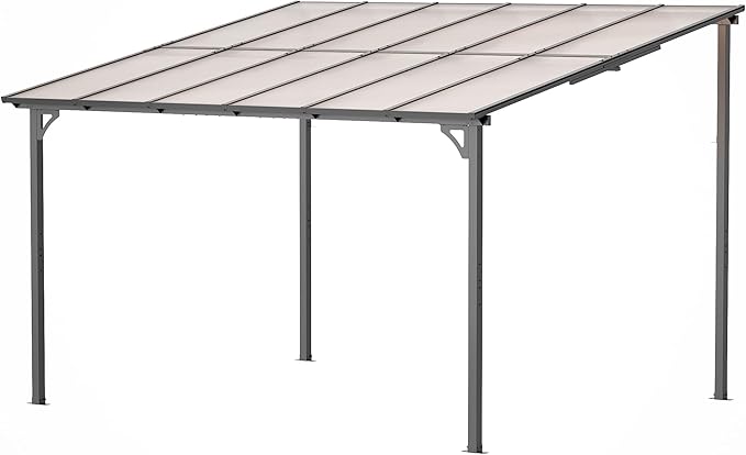10' x 12' Lean to Gazeb,Hardtop Galvanized Steel Pergola with Sloped Polycarbonate Roof,Wall Mounted Gazebo Patio Canopy with Ground Anchor for Backyard Deck
