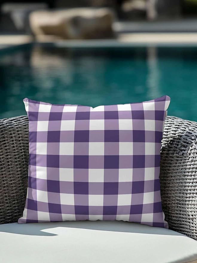 Waterproof Outdoor Pillow 1 Pack Purple Buffalo Plaid Decorative Throw Pillows Cover & Insert 18x18 Inch Pillowcase Check Lines Square Pillows for Couch Sofa Bed Patio Furniture Indoor Outdoor