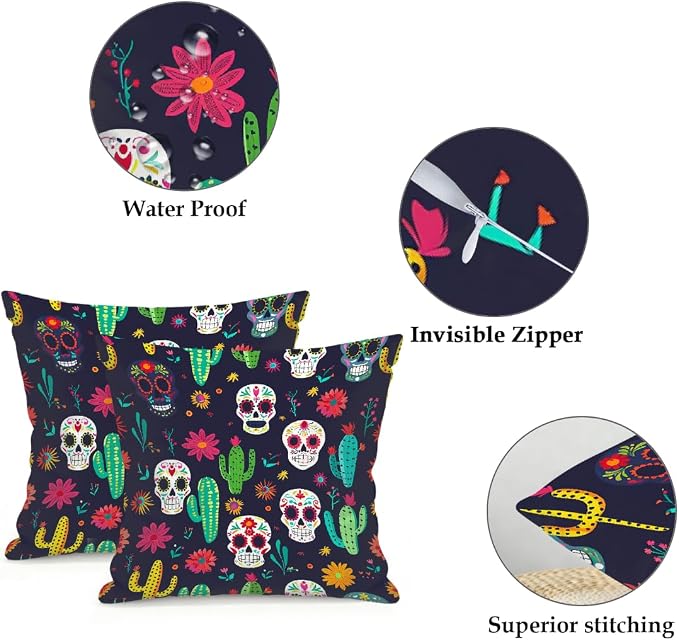 16x16 Inch Outdoor Pillow Covers Set of 2 Waterproof Throw Pillow Covers Decorative Couch Cushion Covers Mexican Skulls Cacti Flowers Square Pillowcases Protectors for Patio Garden Sofa