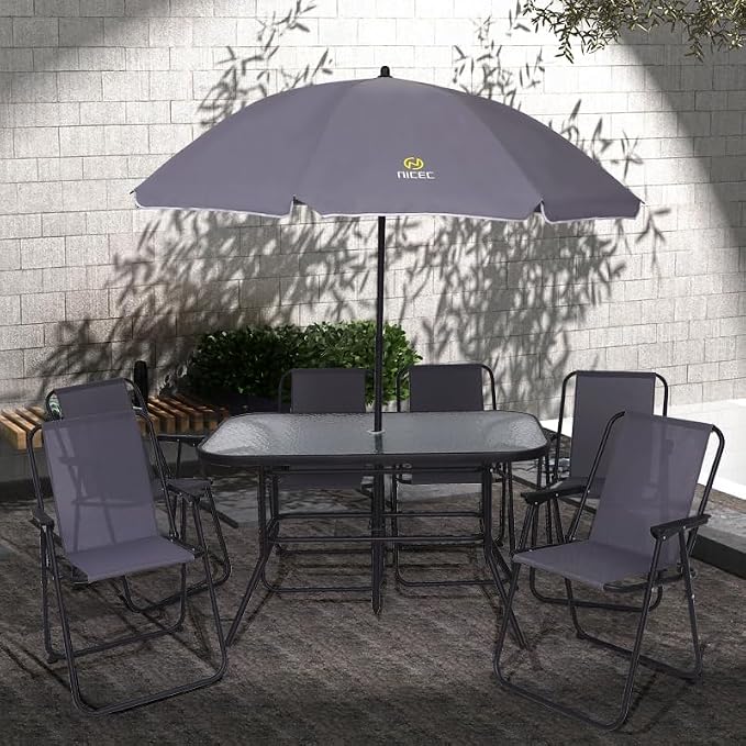 Nice C Outdoor Dining Sets, Patio Furniture Set, 8 Piece Set with Umbrella, Garden Outdoor Furniture Table Set with Removable Umbrella, Glass Table, and 6 Folding Chairs (Grey)