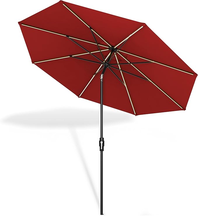 Midtown Umbrellas Led Swilt Sunbrella Umbrella 9 Ft Patio Umbrella With Sunbrella Red Acrylic Fabric - Deck Patio Umbrella, Backyard Umbrella, Garden Umbrella & Pool Umbrella - Black Pole