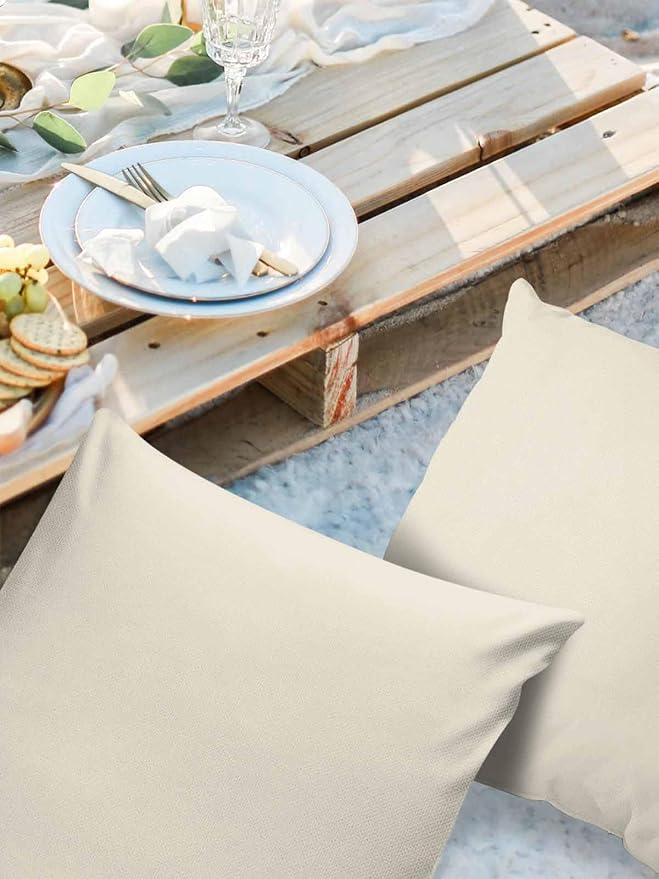 Outdoor Waterproof Throw Pillow Covers Set of 2 Cream Pillowcases 24x24 Inches Solid Color Patio Decorative Pillows Cushion Case Patio Pillows for Couch Bed Chair Garden