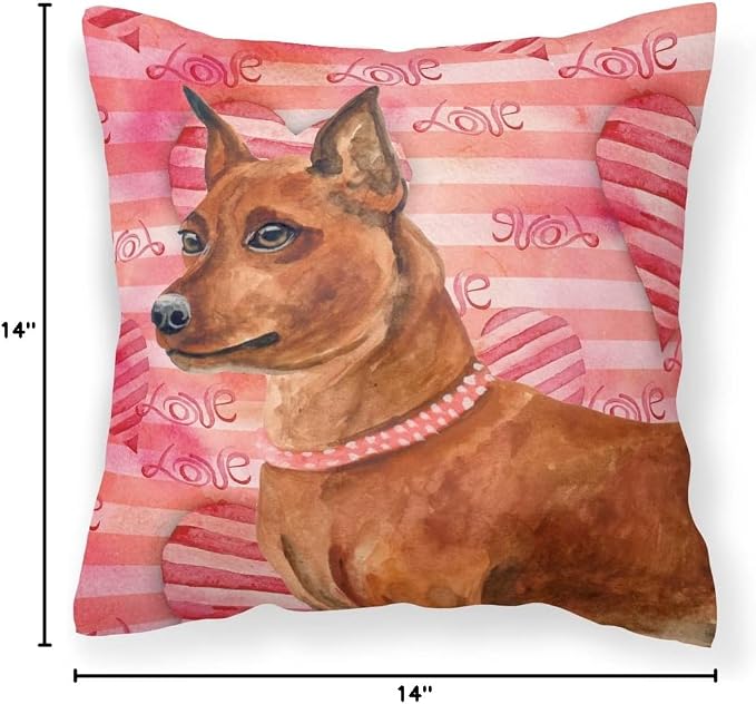 Caroline's Treasures BB9743PW1414 Miniature Pinscher Love Fabric Decorative Pillow, Red Machine Washable, Indoor Outdoor Decorative Pillow for Couch, Bed or Patio, 14Hx14W