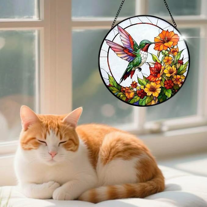 Stained Glass Window Hanging - Hummingbirds are Collecting Nectar 7.8 Inches Suncatcher for Garden Home Decor for Women Mon Grandma Friends