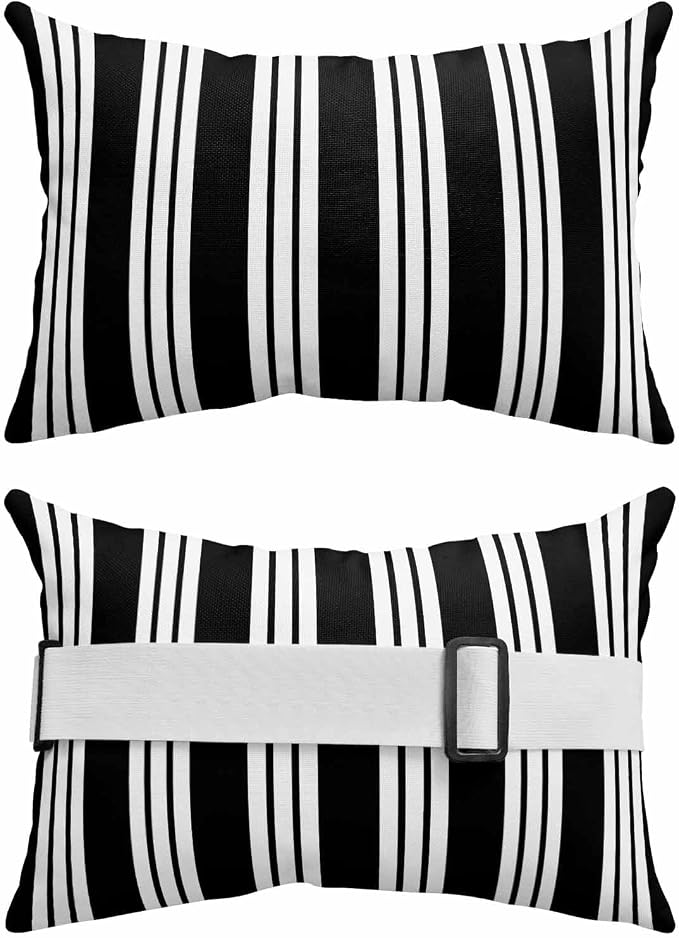 Outdoor Lumbar Pillow Set of 2, Striped Black White Waterproof Beach Headrest Pillow with Inserts, Farmhouse Line Stripes Classic Recliner Throw Pillows for Patio Furniture, 11 x 16