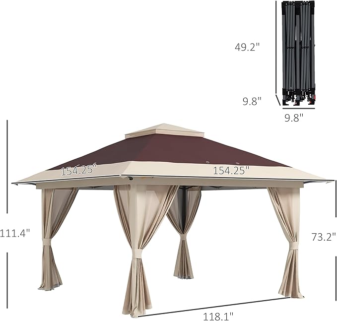 Outsunny 13' x 13' Pop Up Gazebo with Netting, UPF 50+ Instant Canopy Tent Shelter with Water/Sand Bags, Wheeled Carry Bag, for Outdoor, Garden, Parties, Brown