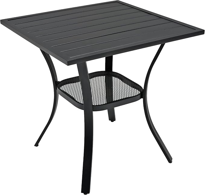 Patio Small Dining Set of 3 with 27.5" Square Table, Black Stacking Chairs | Stackable Chairs, Metal Square Table, Slat Table Top, 2 Person Use, All Weather, Textilene fabric Seat and Back