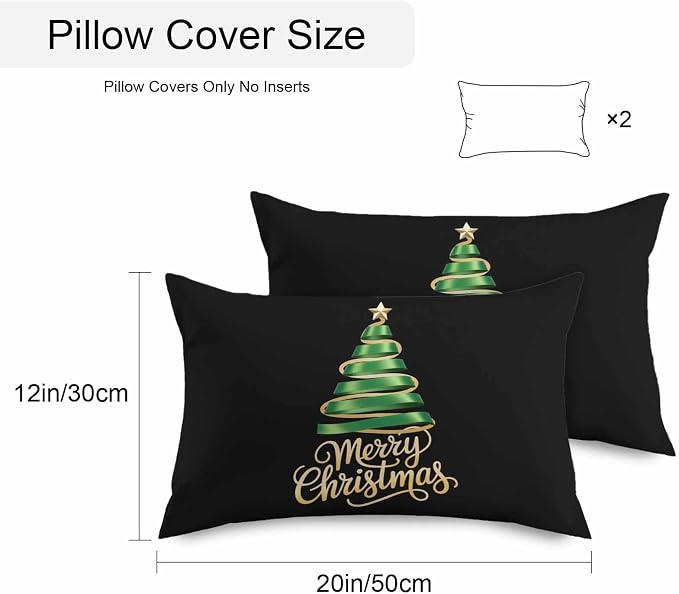 Black Christmas Tree Lumbar Pillow Covers 12 x 20 Inches, Green Xmas Tree with Star Waterproof Throw Pillow Cover Set of 2, Christmas Black Decorative Rectangle Cushion Covers for Patio/Couch