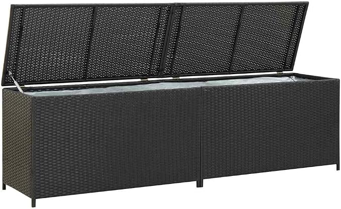 Outdoor Storage Box, Large Poly Rattan Deck Chest for Garden Cushions and Patio Essentials, Powder-Coated Steel Frame, Sleek Black Rectangular Bin, 78.7 x 78.7 x 23.6 Inches