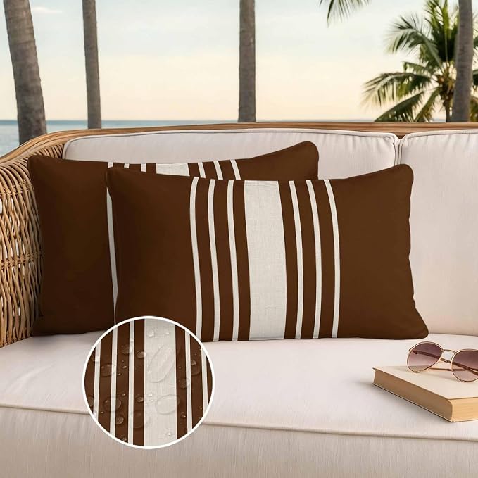 Lumbar Pillow Covers 20x12 Inch Set of 2, Brown Beige Striped Waterproof Outdoor Cushion Covers, Modern Farmhouse Retro Lines Decorative Pillowcases for Couch, Sofa, Bed, Garden, Patio
